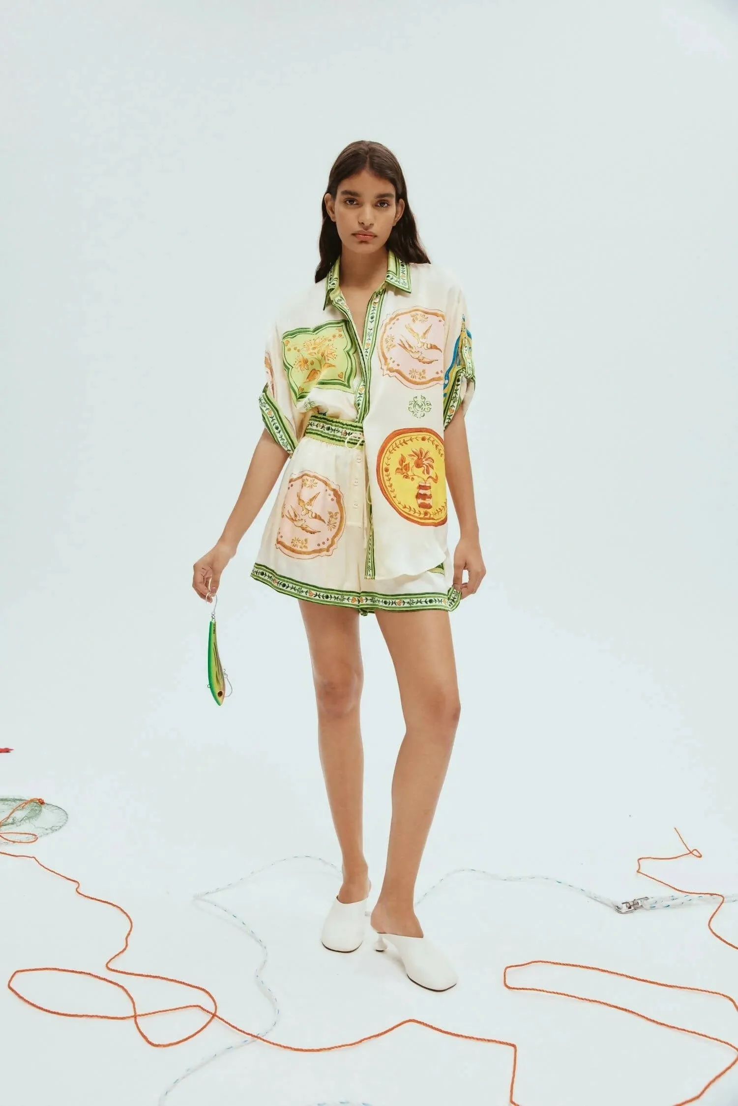 Alemais Porcelain Silk Shirt and Shorts Set