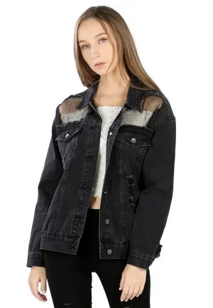 Black Denim Jacket with Mesh Detail