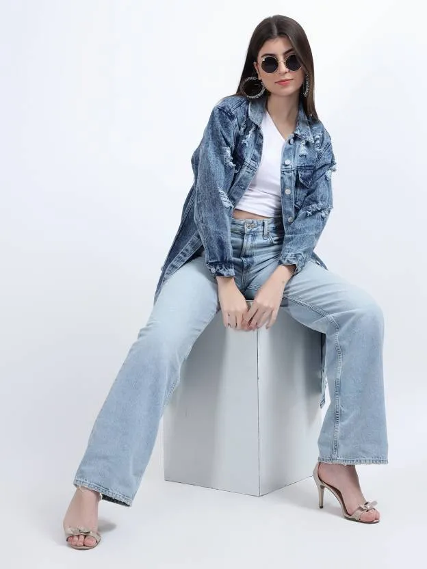 Blue Solid Casual Denim Jacket