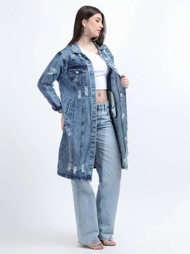 Blue Solid Casual Denim Jacket