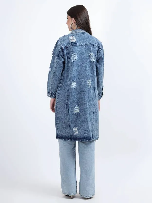 Blue Solid Casual Denim Jacket