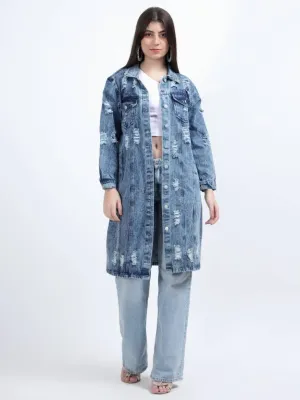 Blue Solid Casual Denim Jacket