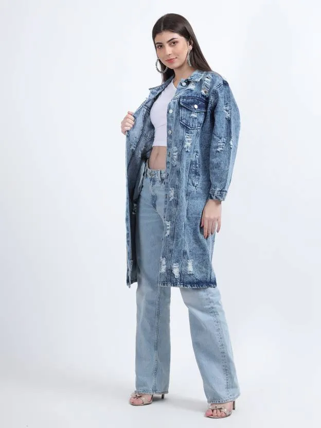 Blue Solid Casual Denim Jacket