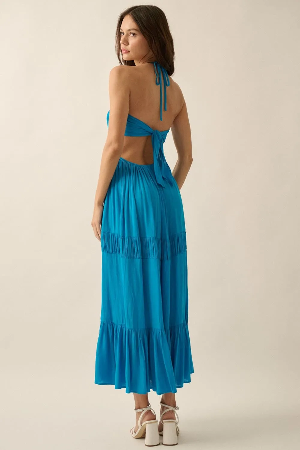 Coastal Cascade Halter Neck Tie Back Maxi Dress