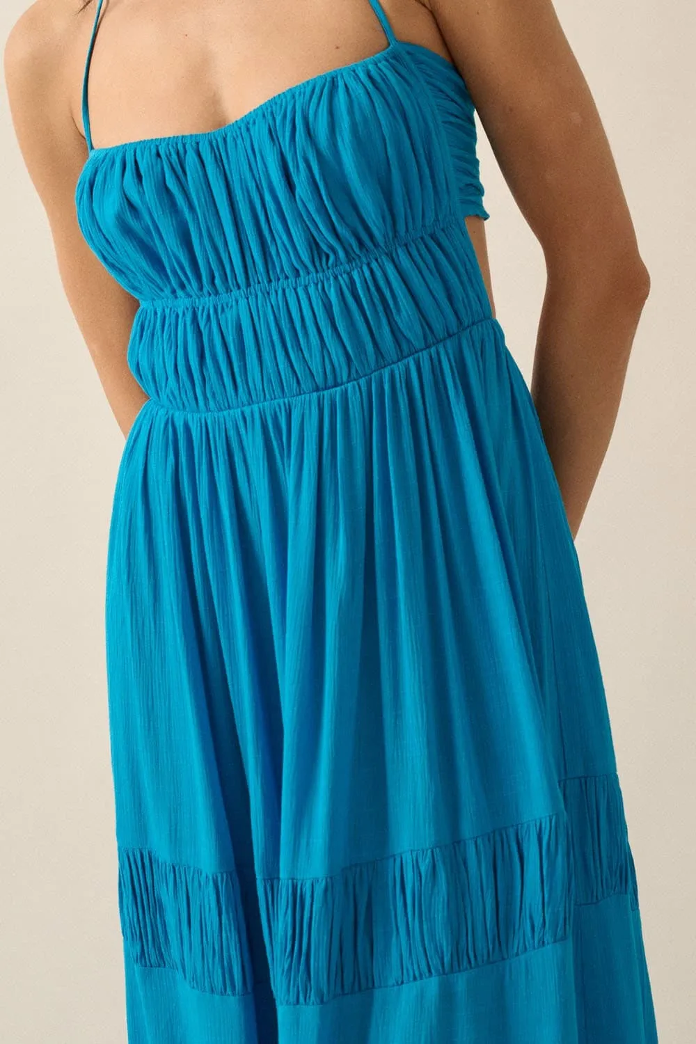 Coastal Cascade Halter Neck Tie Back Maxi Dress