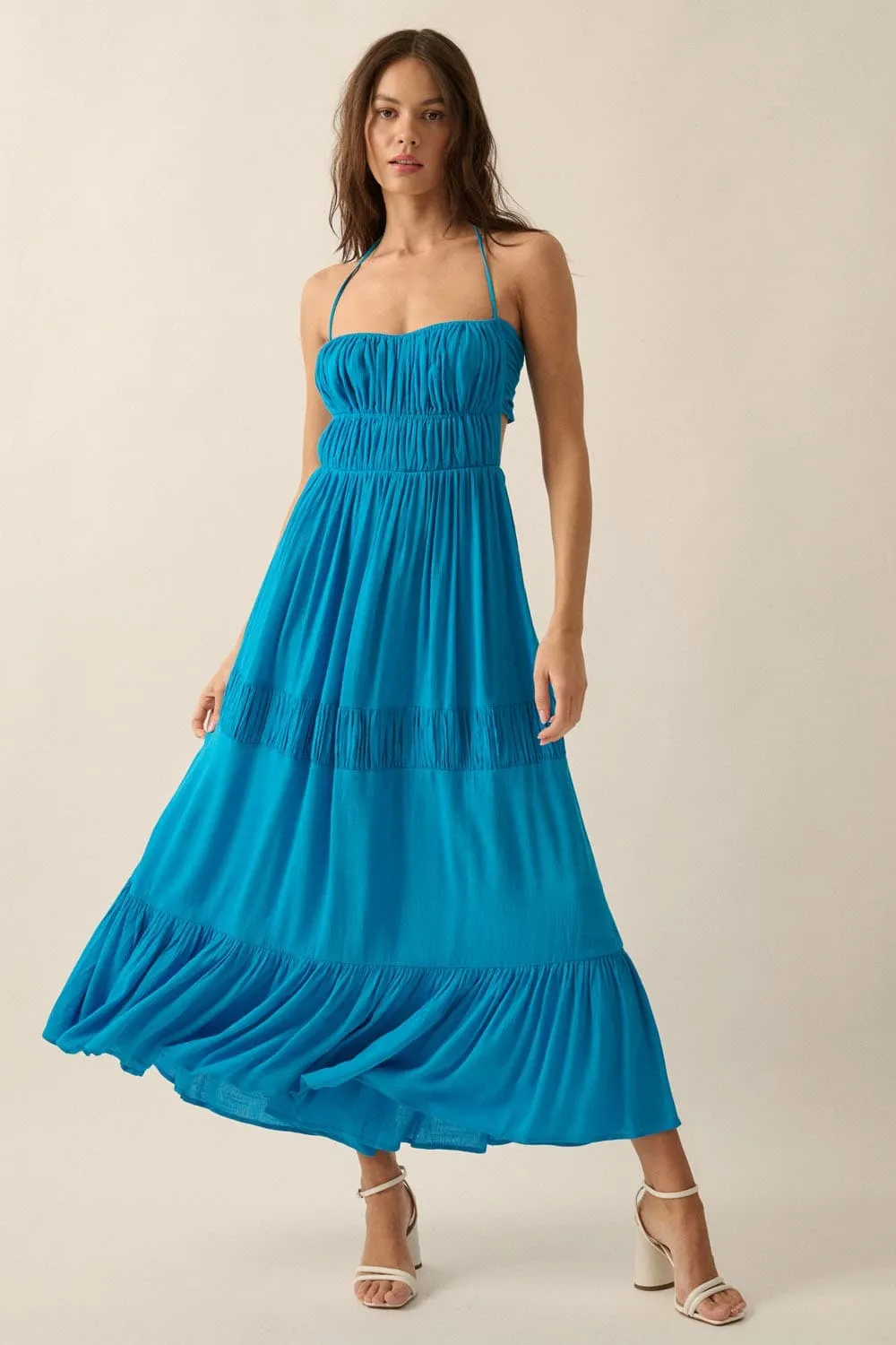 Coastal Cascade Halter Neck Tie Back Maxi Dress