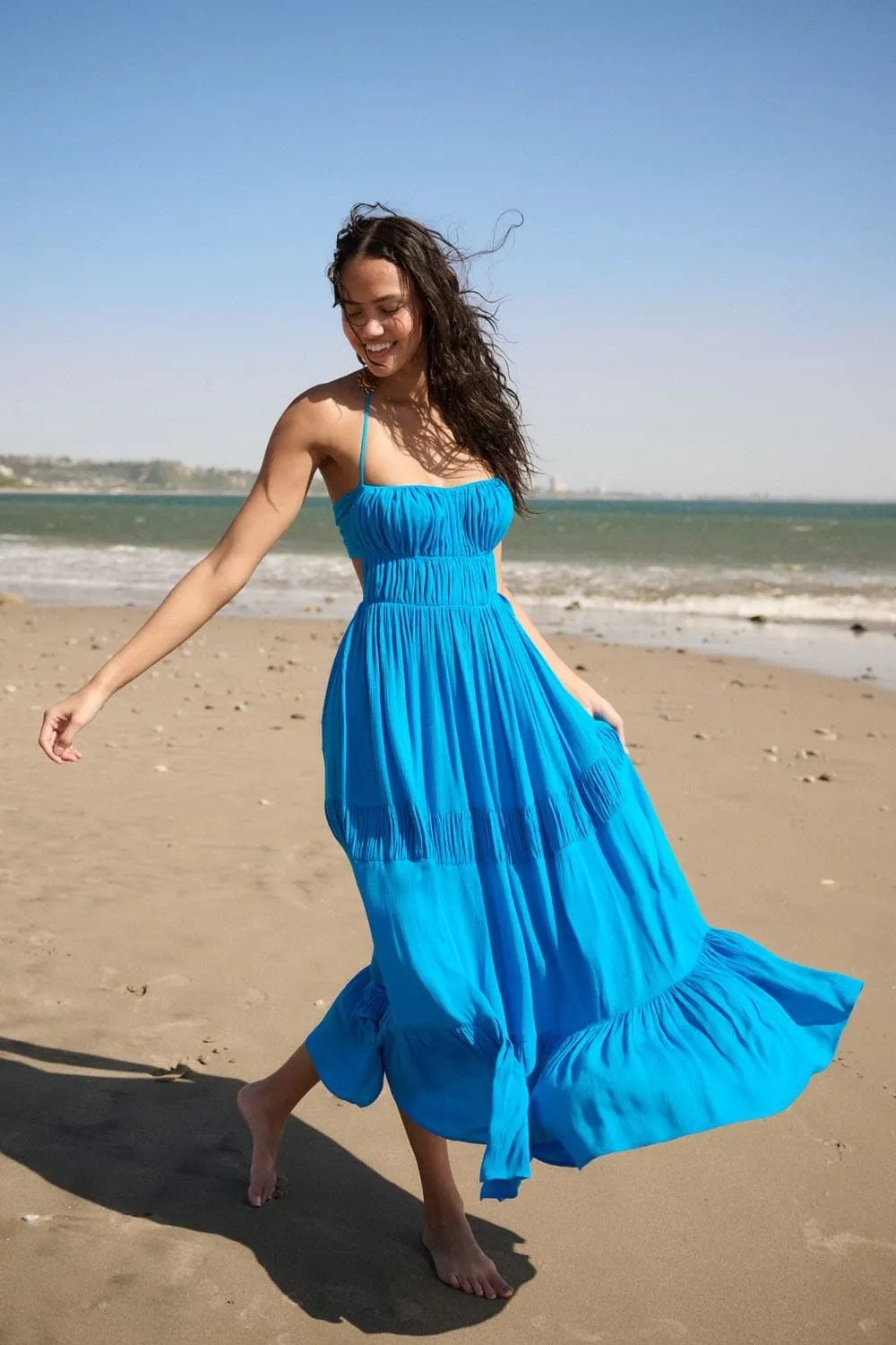 Coastal Cascade Halter Neck Tie Back Maxi Dress