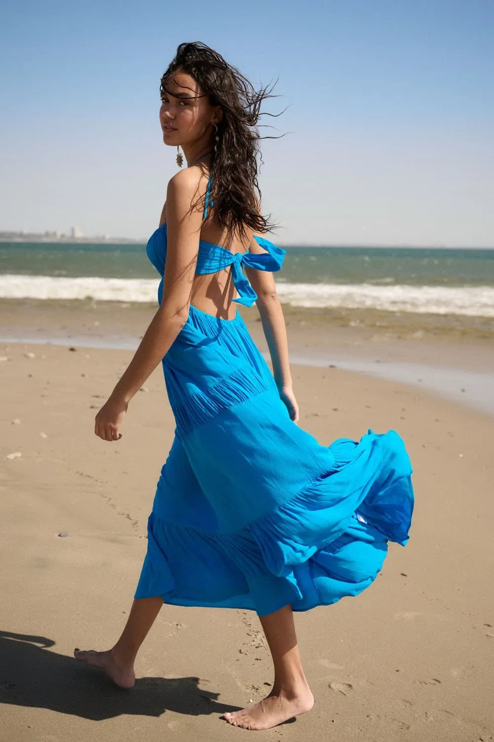 Coastal Cascade Halter Neck Tie Back Maxi Dress