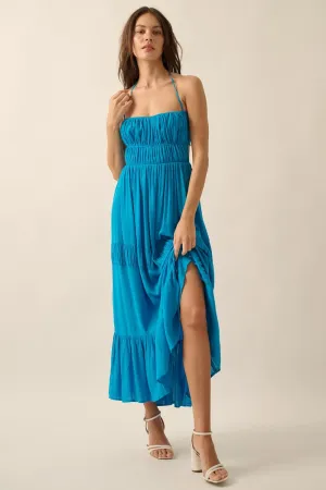 Coastal Cascade Halter Neck Tie Back Maxi Dress