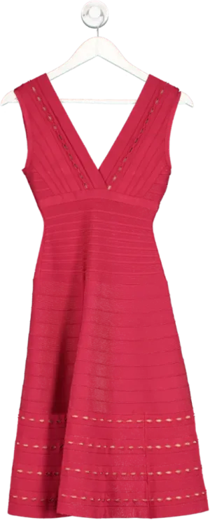 Herve Leger Red Flared Skirt Bandeau Midi Dress UK XS