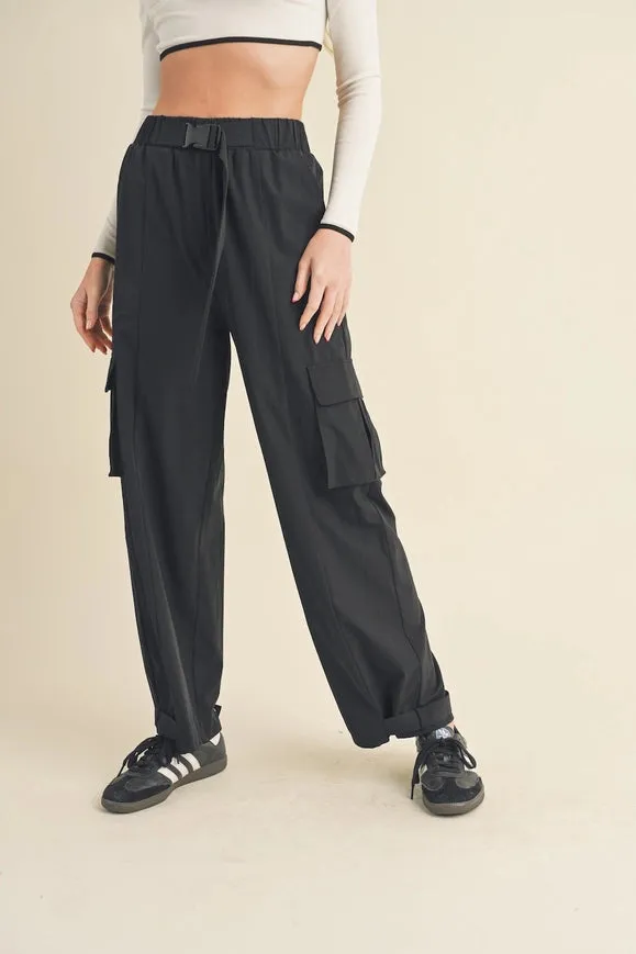 Lightweight Nylon Wide Leg Cargo Pants Black