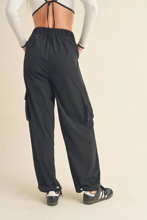 Lightweight Nylon Wide Leg Cargo Pants Black