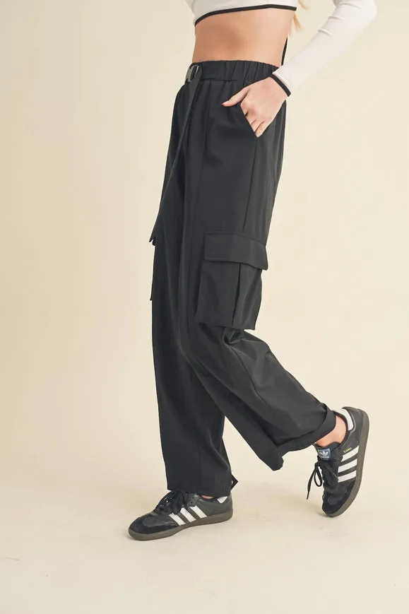 Lightweight Nylon Wide Leg Cargo Pants Black