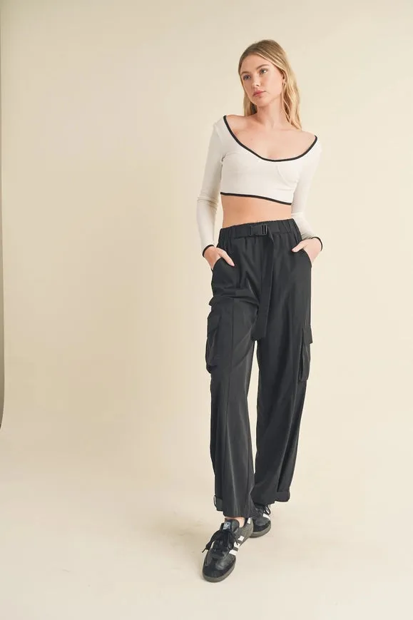 Lightweight Nylon Wide Leg Cargo Pants Black