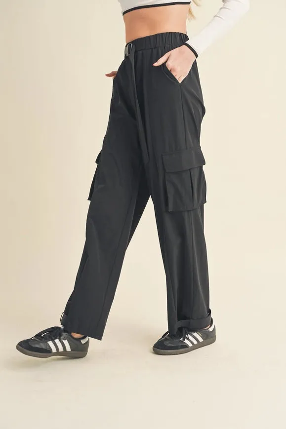 Lightweight Nylon Wide Leg Cargo Pants Black
