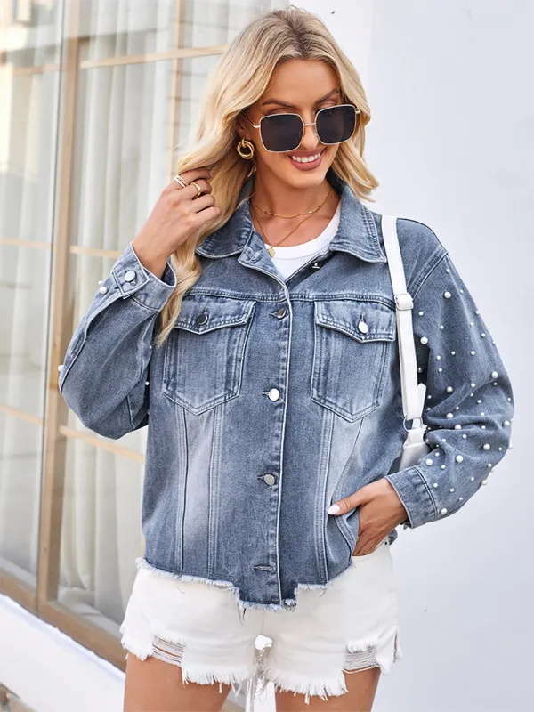 Lilly Washed Beaded Long Sleeve Casual Denim Jacket Top