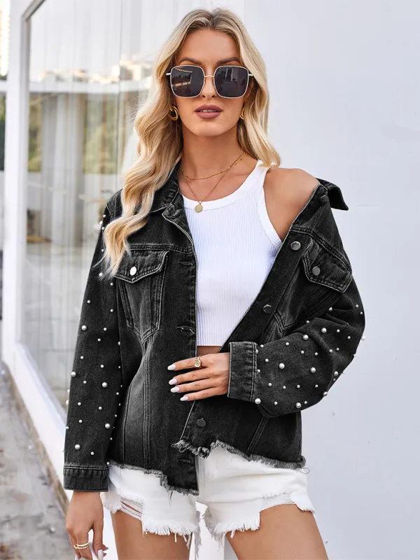 Lilly Washed Beaded Long Sleeve Casual Denim Jacket Top