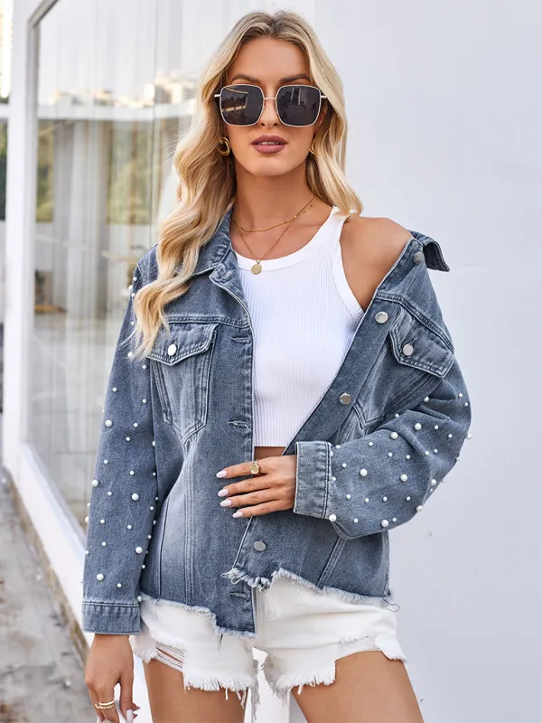 Lilly Washed Beaded Long Sleeve Casual Denim Jacket Top