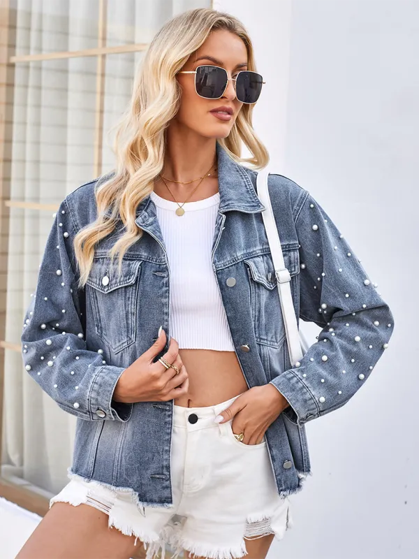 Lilly Washed Beaded Long Sleeve Casual Denim Jacket Top