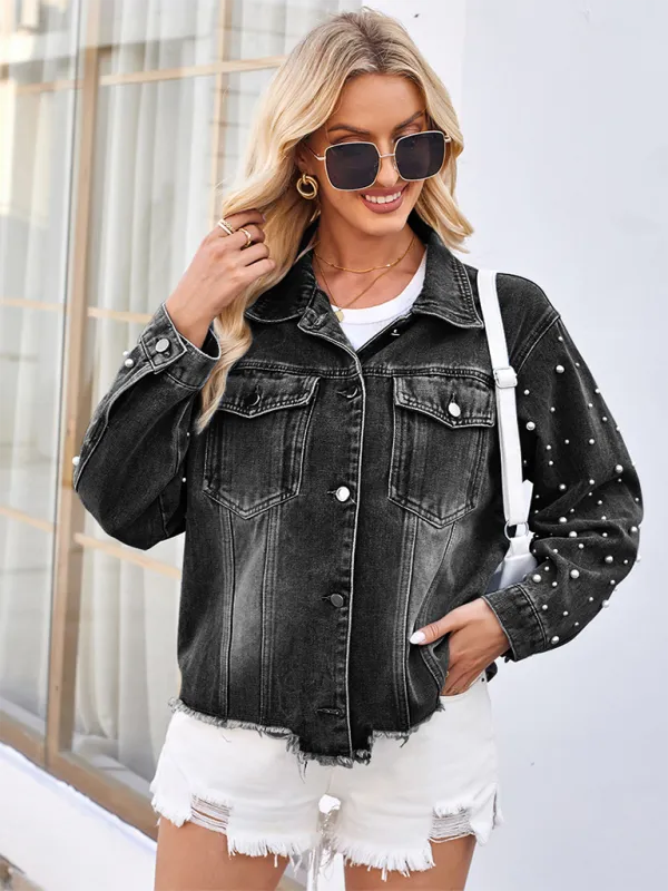 Lilly Washed Beaded Long Sleeve Casual Denim Jacket Top