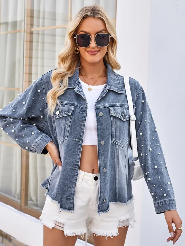 Lilly Washed Beaded Long Sleeve Casual Denim Jacket Top