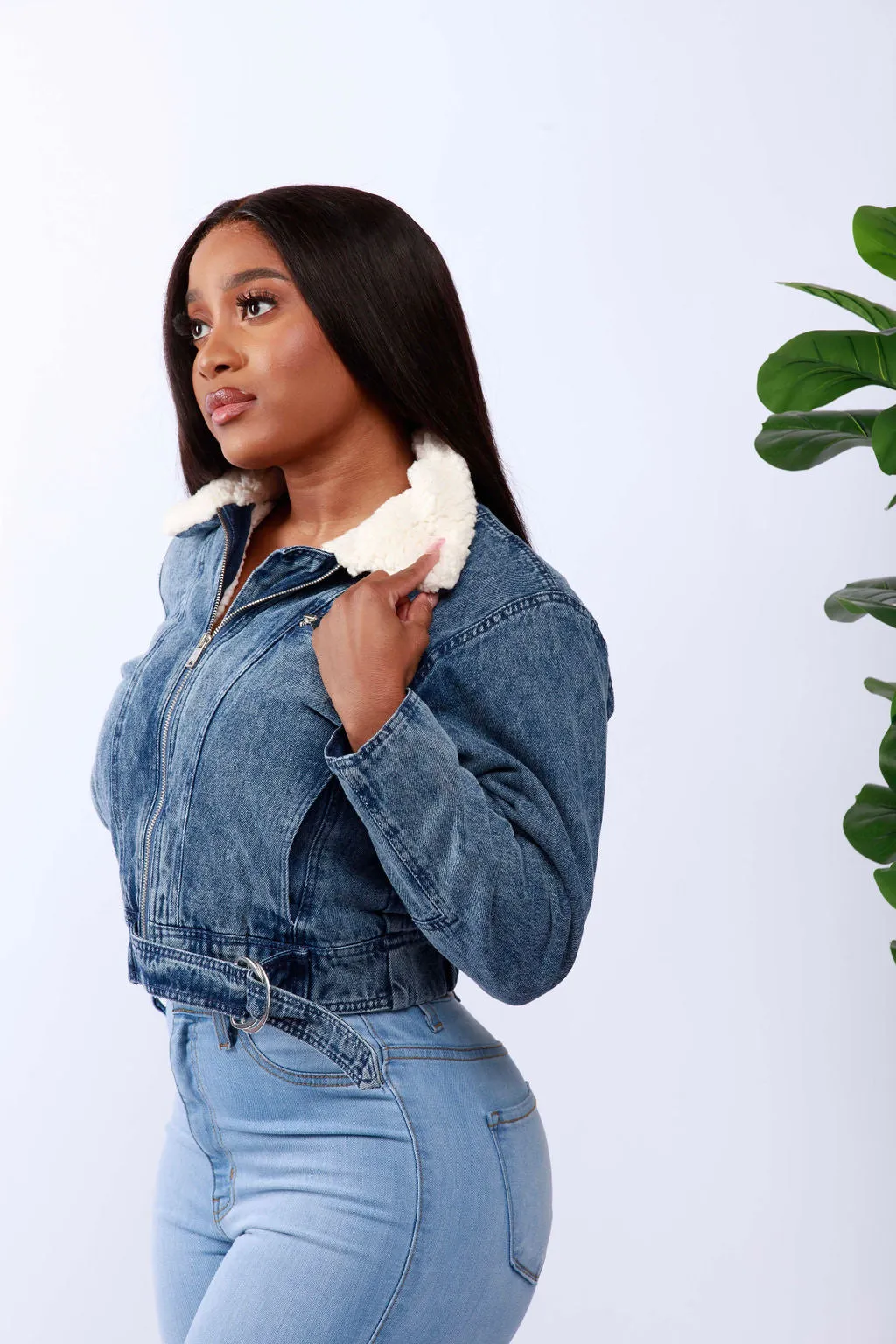Long-Sleeve Shearling Collar Denim Jacket