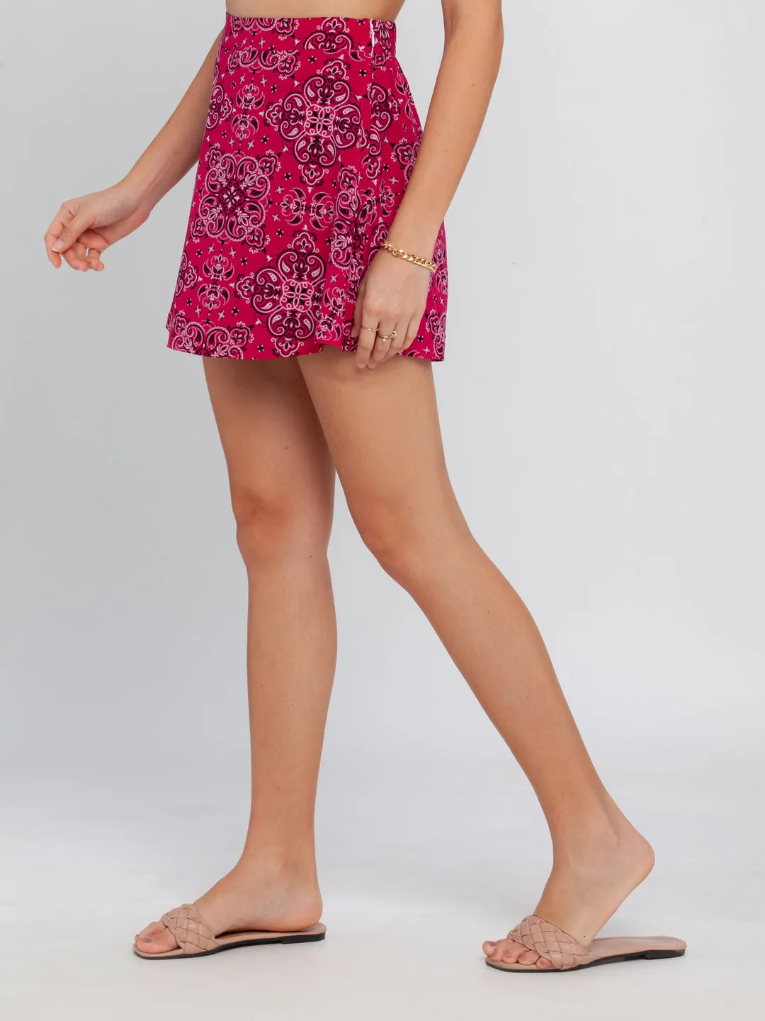Pink Bohemian Printed Flared Mini Skirt