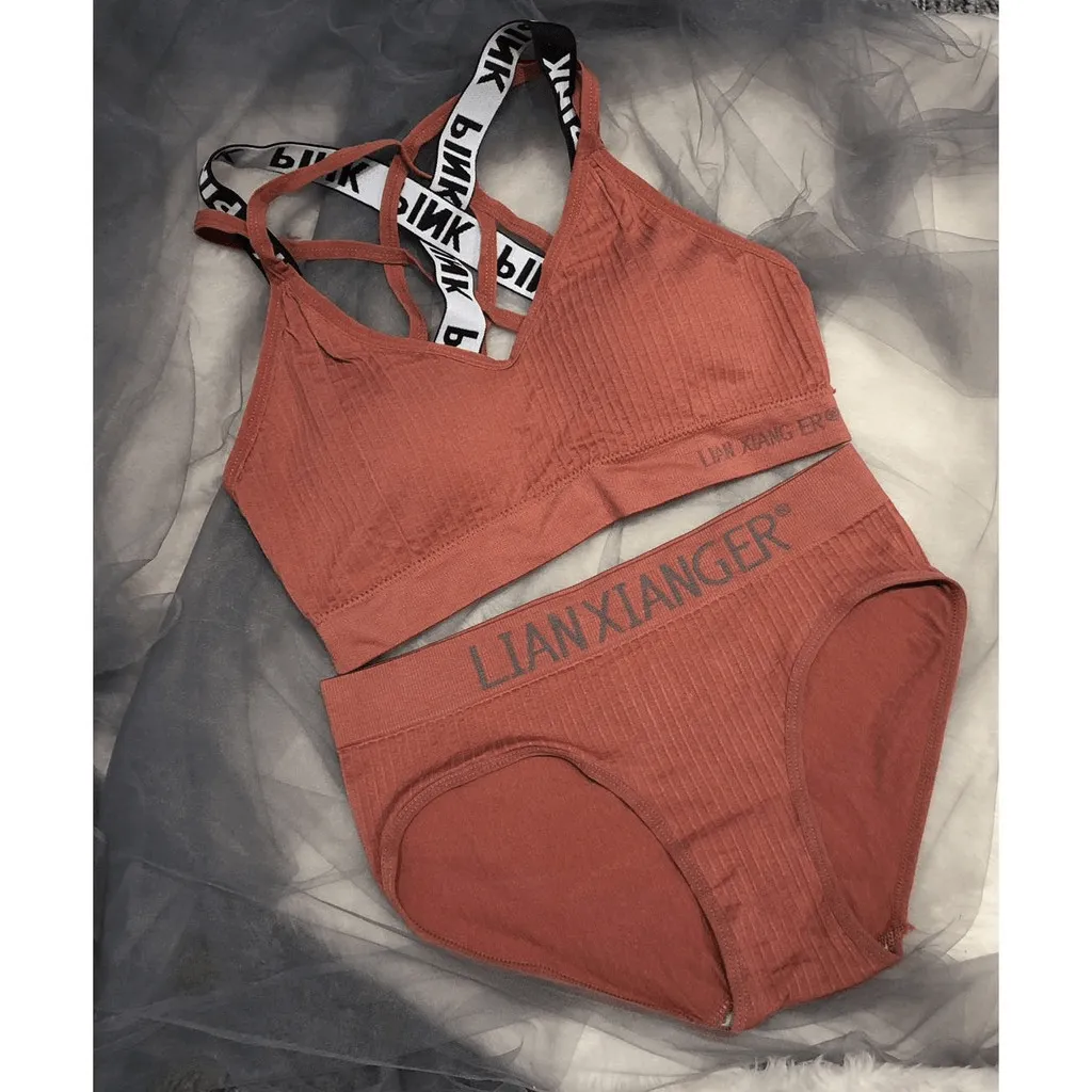 Pink Cotton Sports Fitness Bra & Underwear Set - 2058#