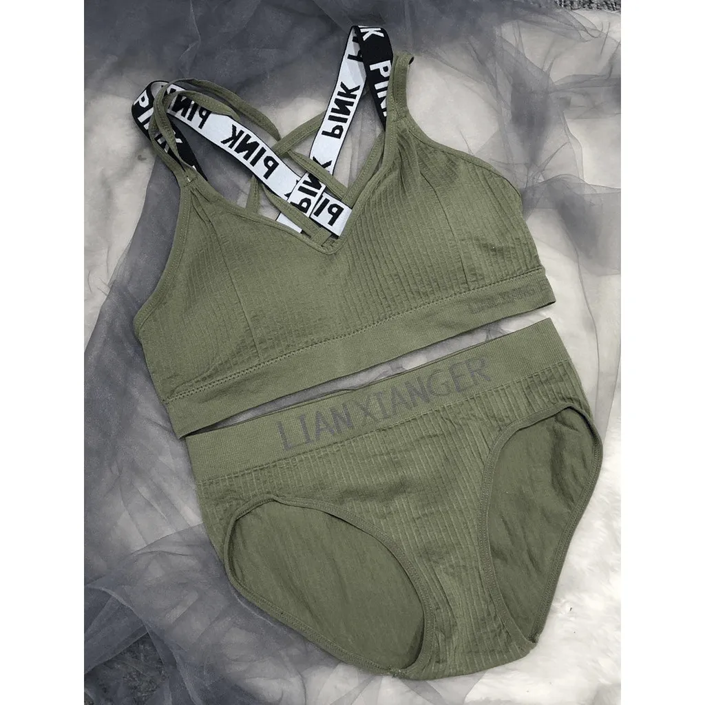 Pink Cotton Sports Fitness Bra & Underwear Set - 2058#