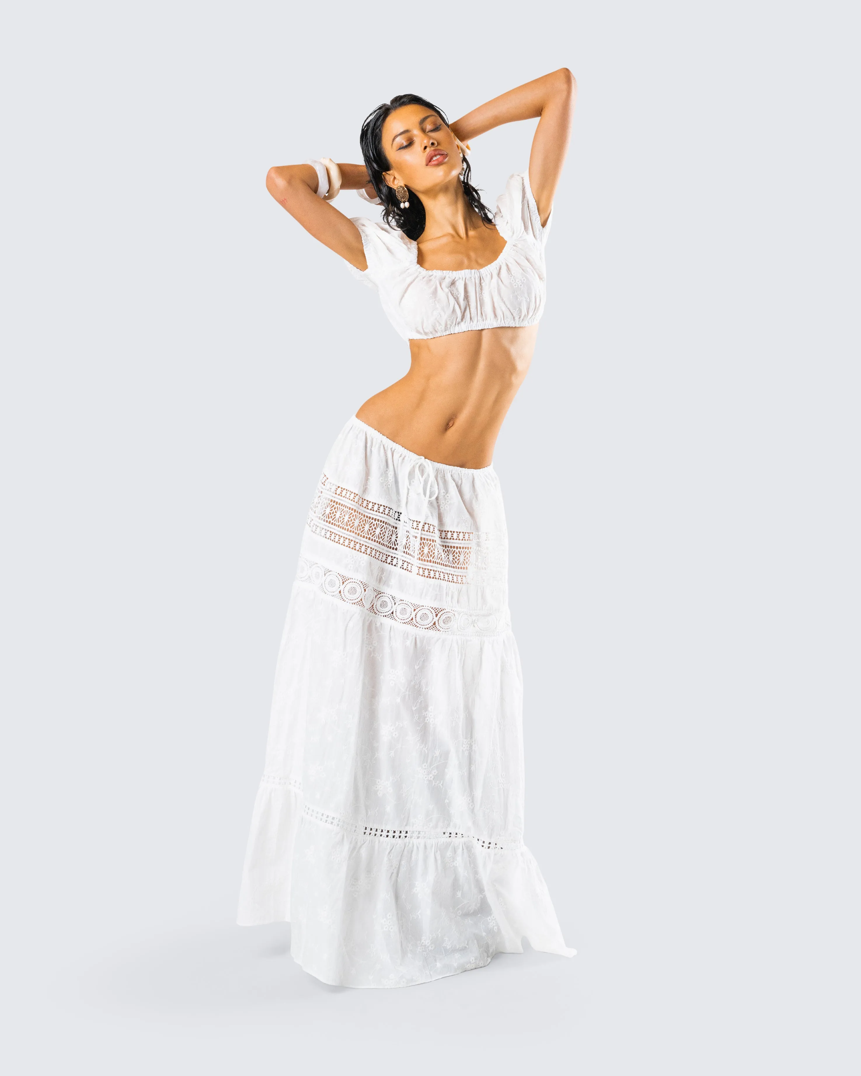 Rue White Cotton Floral Maxi Skirt
