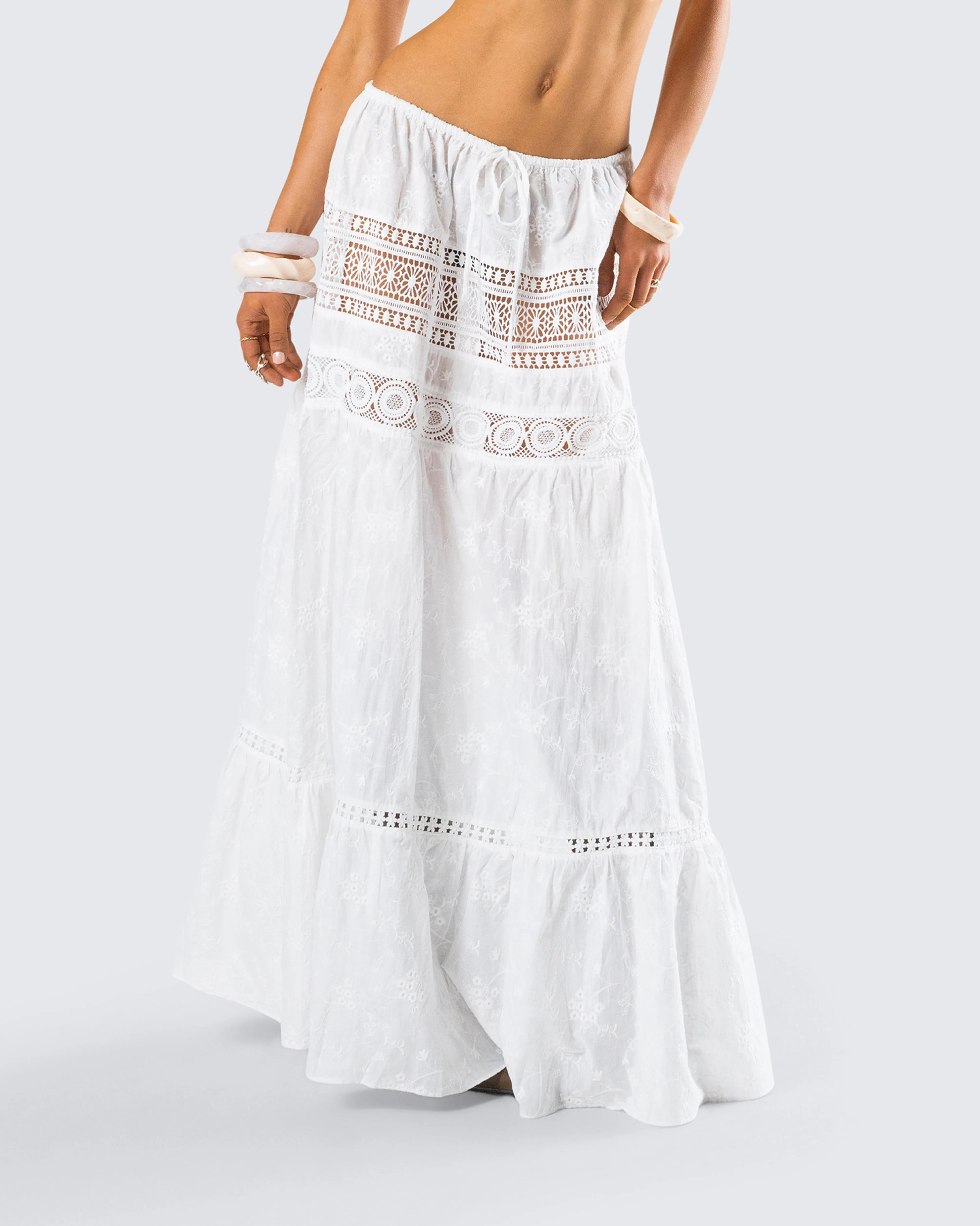 Rue White Cotton Floral Maxi Skirt