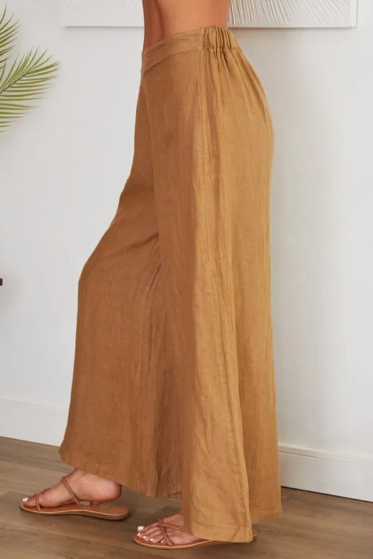 Solid Linen Stretch Waistband Wide Leg Pant