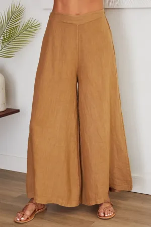 Solid Linen Stretch Waistband Wide Leg Pant