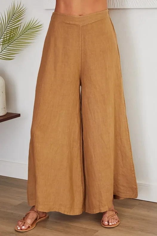 Solid Linen Stretch Waistband Wide Leg Pant