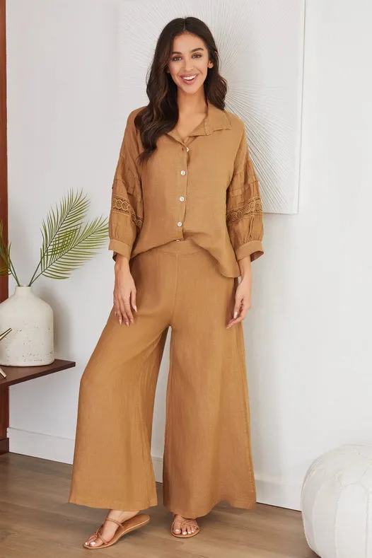 Solid Linen Stretch Waistband Wide Leg Pant