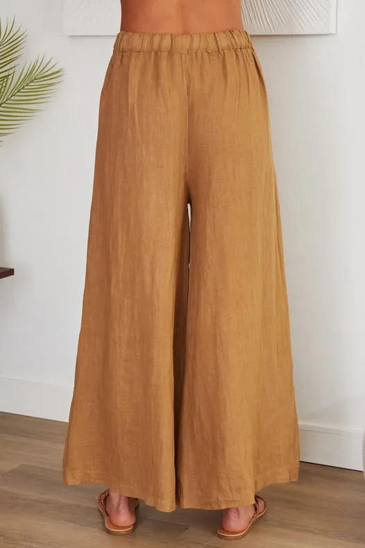 Solid Linen Stretch Waistband Wide Leg Pant