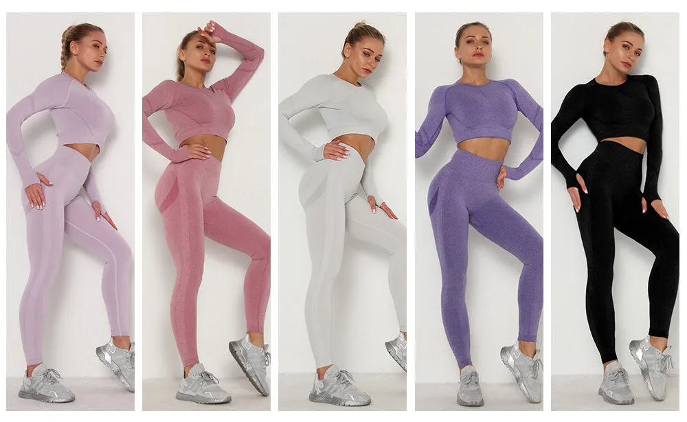 Wjczt Women&#39;s Sets Skinny Tracksuit Breathable Bra Long Sleeve Top Seamless Outfits High Waist Push Up Leggings Gym Clothes Sport Suit
