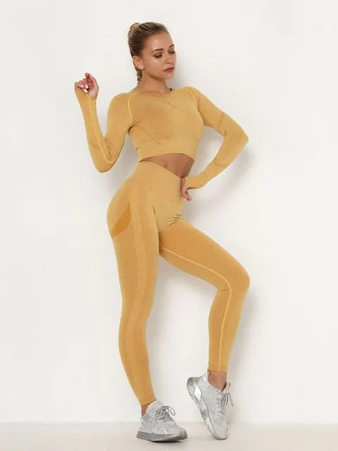 Wjczt Women&#39;s Sets Skinny Tracksuit Breathable Bra Long Sleeve Top Seamless Outfits High Waist Push Up Leggings Gym Clothes Sport Suit