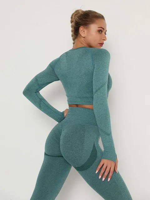 Wjczt Women&#39;s Sets Skinny Tracksuit Breathable Bra Long Sleeve Top Seamless Outfits High Waist Push Up Leggings Gym Clothes Sport Suit