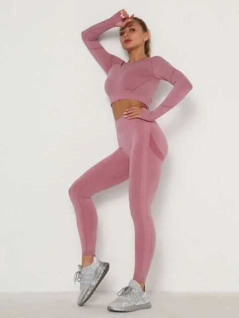 Wjczt Women&#39;s Sets Skinny Tracksuit Breathable Bra Long Sleeve Top Seamless Outfits High Waist Push Up Leggings Gym Clothes Sport Suit