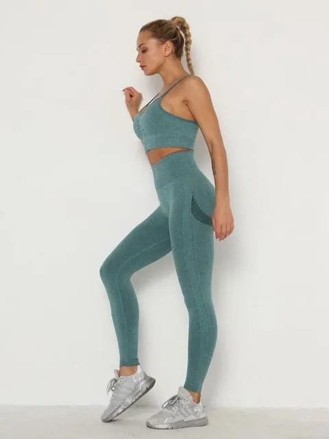 Wjczt Women&#39;s Sets Skinny Tracksuit Breathable Bra Long Sleeve Top Seamless Outfits High Waist Push Up Leggings Gym Clothes Sport Suit