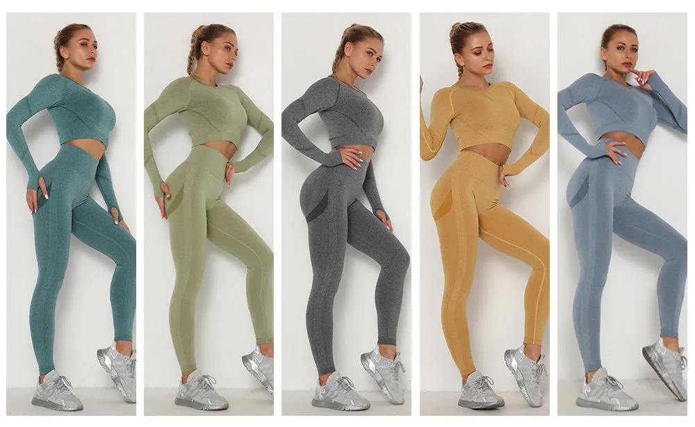 Wjczt Women&#39;s Sets Skinny Tracksuit Breathable Bra Long Sleeve Top Seamless Outfits High Waist Push Up Leggings Gym Clothes Sport Suit