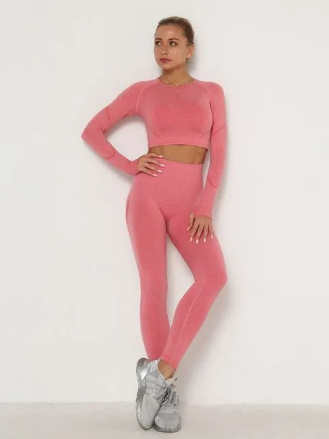 Wjczt Women&#39;s Sets Skinny Tracksuit Breathable Bra Long Sleeve Top Seamless Outfits High Waist Push Up Leggings Gym Clothes Sport Suit