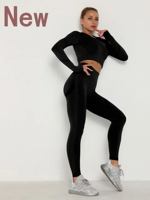 Wjczt Women&#39;s Sets Skinny Tracksuit Breathable Bra Long Sleeve Top Seamless Outfits High Waist Push Up Leggings Gym Clothes Sport Suit