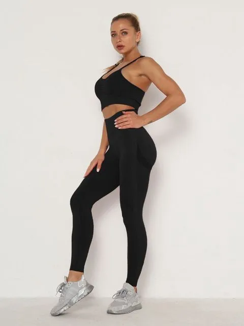 Wjczt Women&#39;s Sets Skinny Tracksuit Breathable Bra Long Sleeve Top Seamless Outfits High Waist Push Up Leggings Gym Clothes Sport Suit