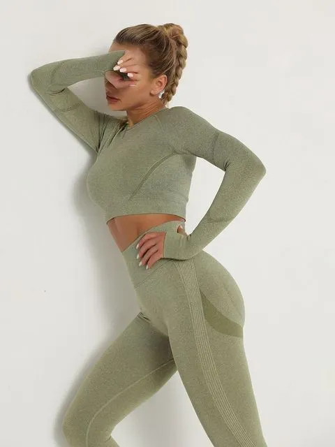 Wjczt Women&#39;s Sets Skinny Tracksuit Breathable Bra Long Sleeve Top Seamless Outfits High Waist Push Up Leggings Gym Clothes Sport Suit