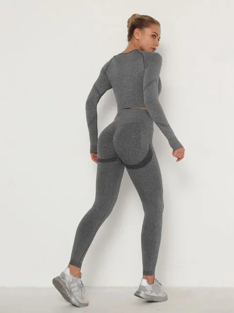 Wjczt Women&#39;s Sets Skinny Tracksuit Breathable Bra Long Sleeve Top Seamless Outfits High Waist Push Up Leggings Gym Clothes Sport Suit