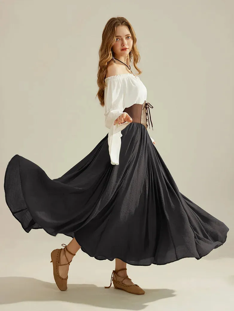 Women Renaissance Big Swing Flared Maxi Skirt with Pocket