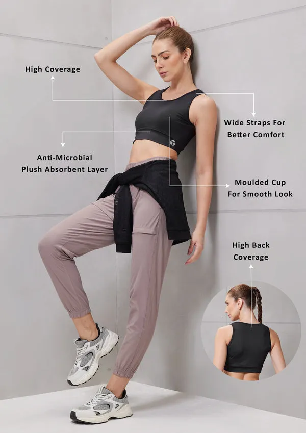 Women Solid Slim Fit Scoop Neck Sports Bra with ELASTO PLUS